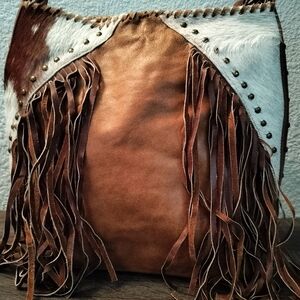 Fringed Leather Shoulder Bag with Cream Haircalf Accents